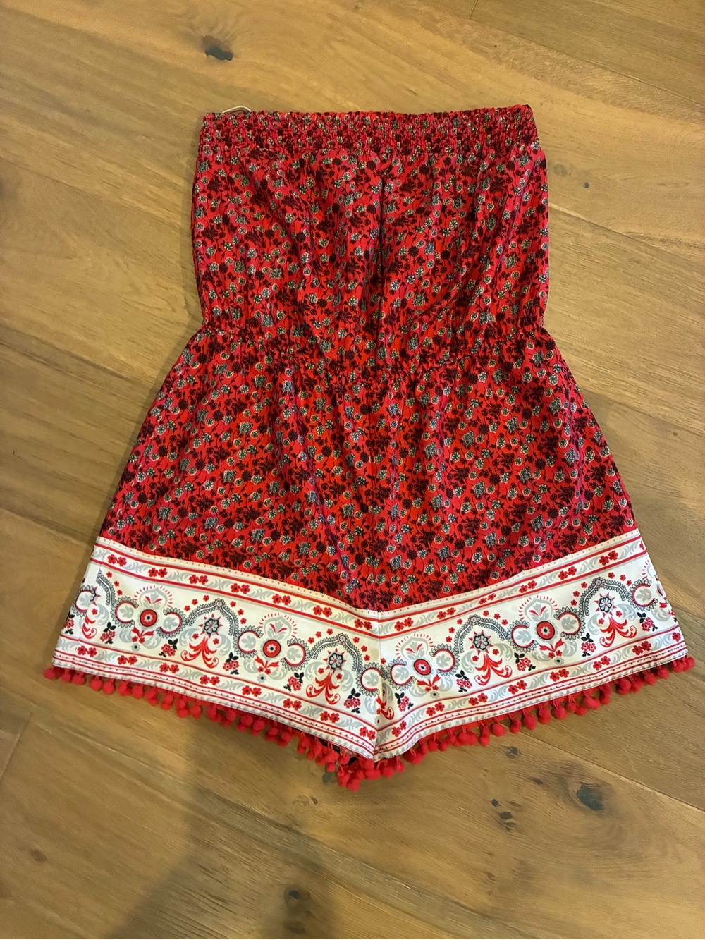 True Destiny Red Floral Strapless Romper Shorts with Pom-Pom Hem
